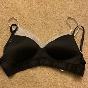 2 pink bras, 32C, black and gray